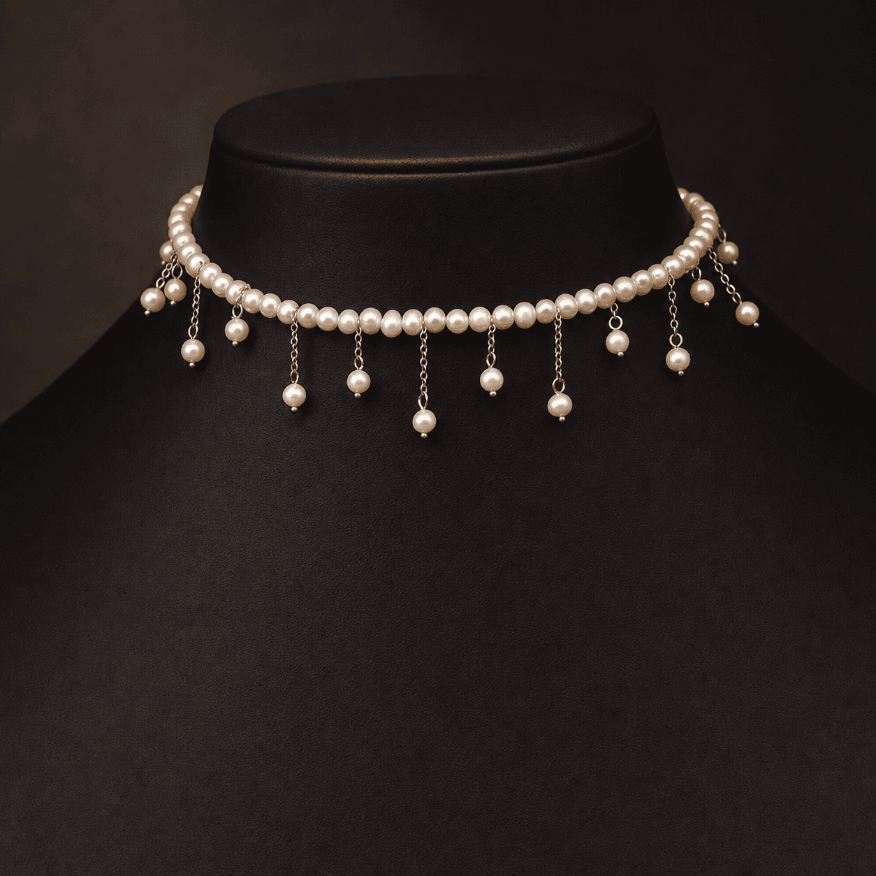 Pearl necklace displayed on a black jewelry stand